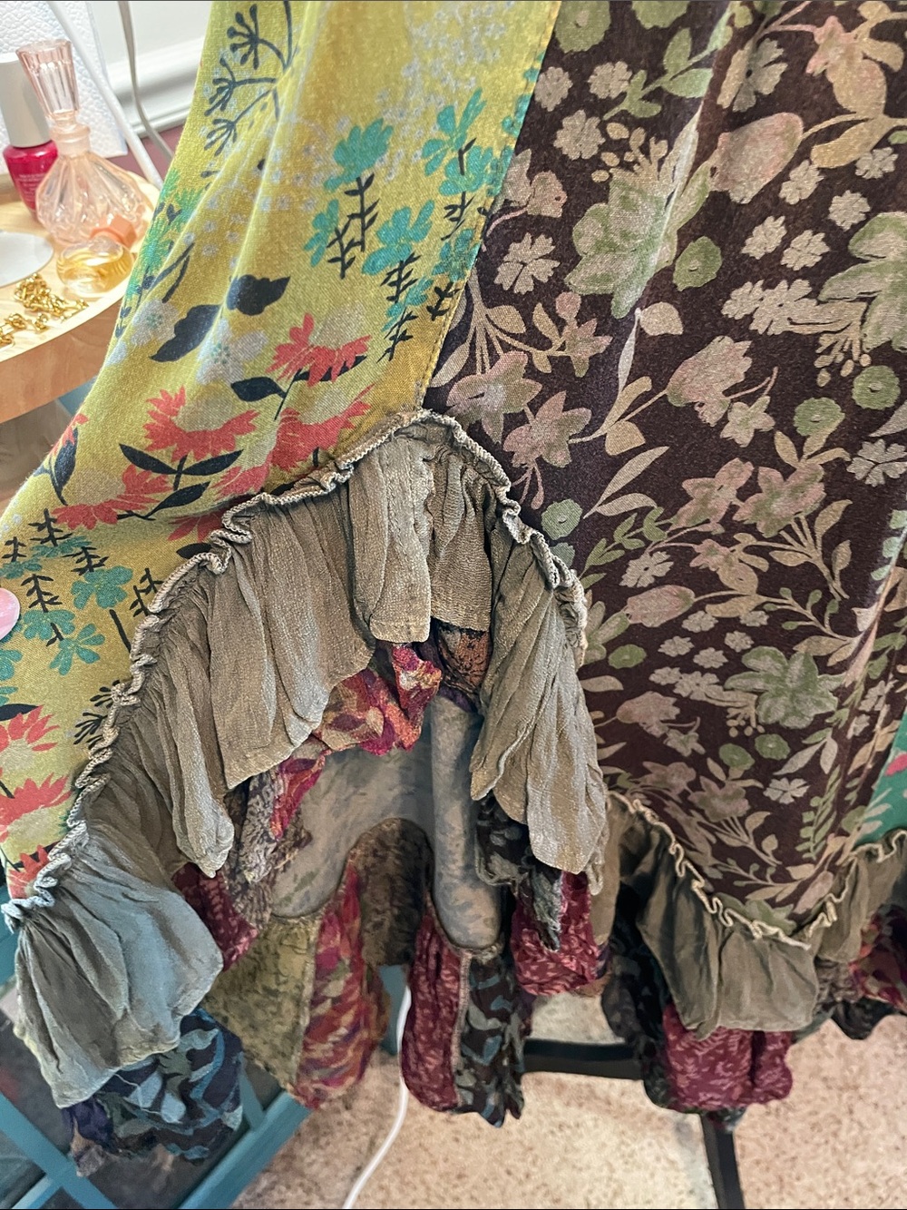 PatchworkBoho  Floral Ruffle Maxi Skirt - Teal/Brown. Young Threads - Picture 8 of 14